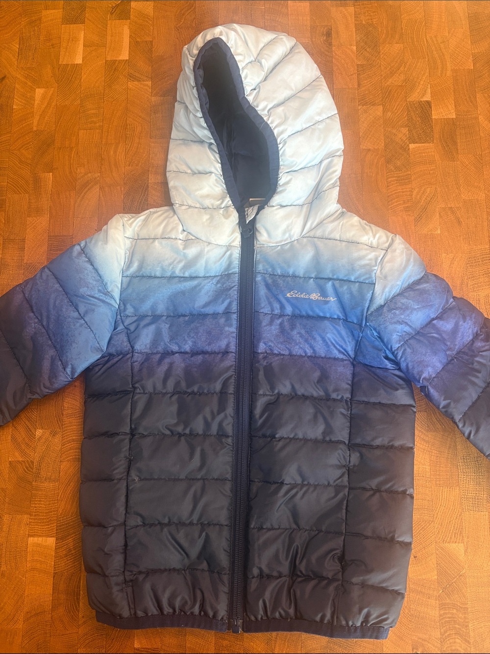 Eddie Bauer Kids Ombre Hooded Puffer Jacket in Light to Dark Blue in 3T